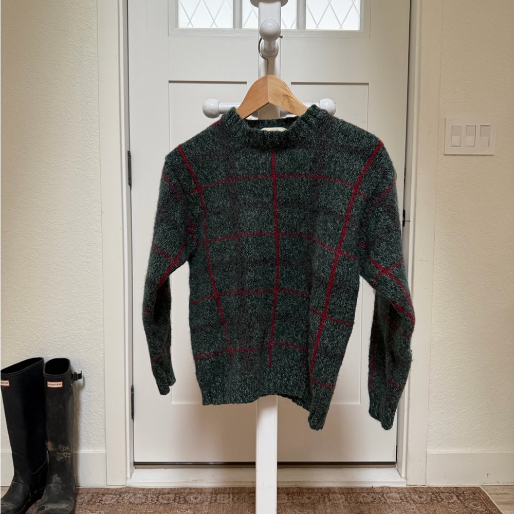 Eddie Bauer Green Plaid Chunky Wool Knit Sweater with Red Windowpane